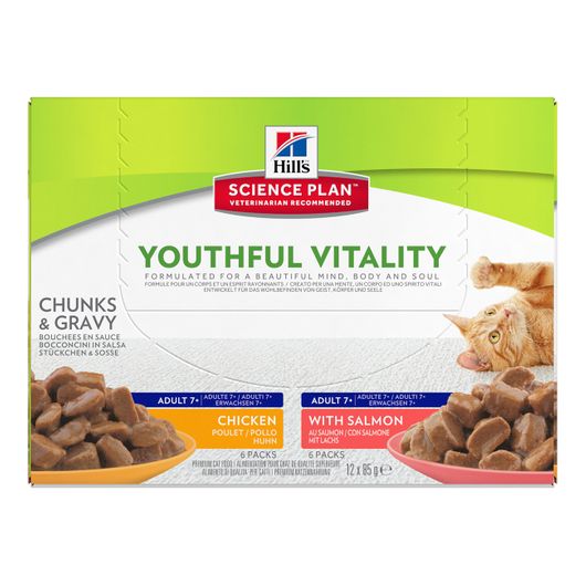 Feline Adult 7+ Youthful Vitality Multipack Poulet & Saumon 12x85g - Hill's