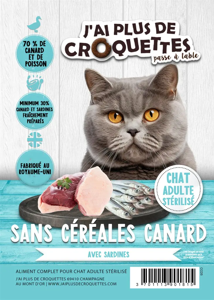 Chat Adulte Stérilisé - Canard avec Sardines (1.5 kg) - J'ai plus de croquettes