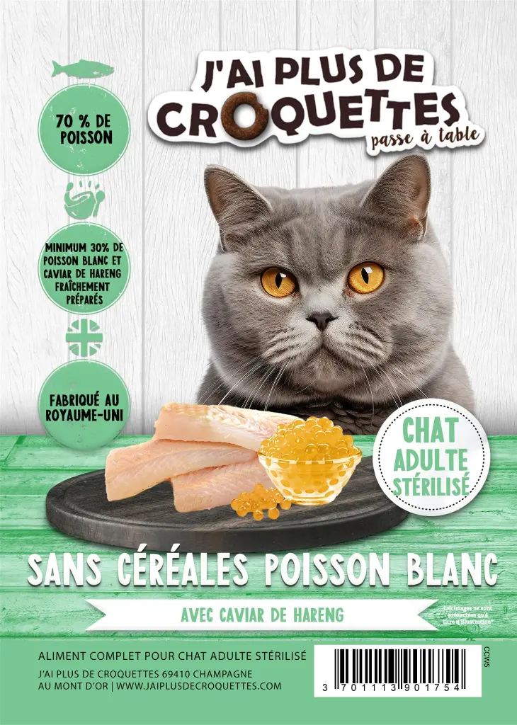 Chat Adulte Stérilisé - Poisson blanc avec Caviar de hareng (1.5 kg) - J'ai plus de croquettes