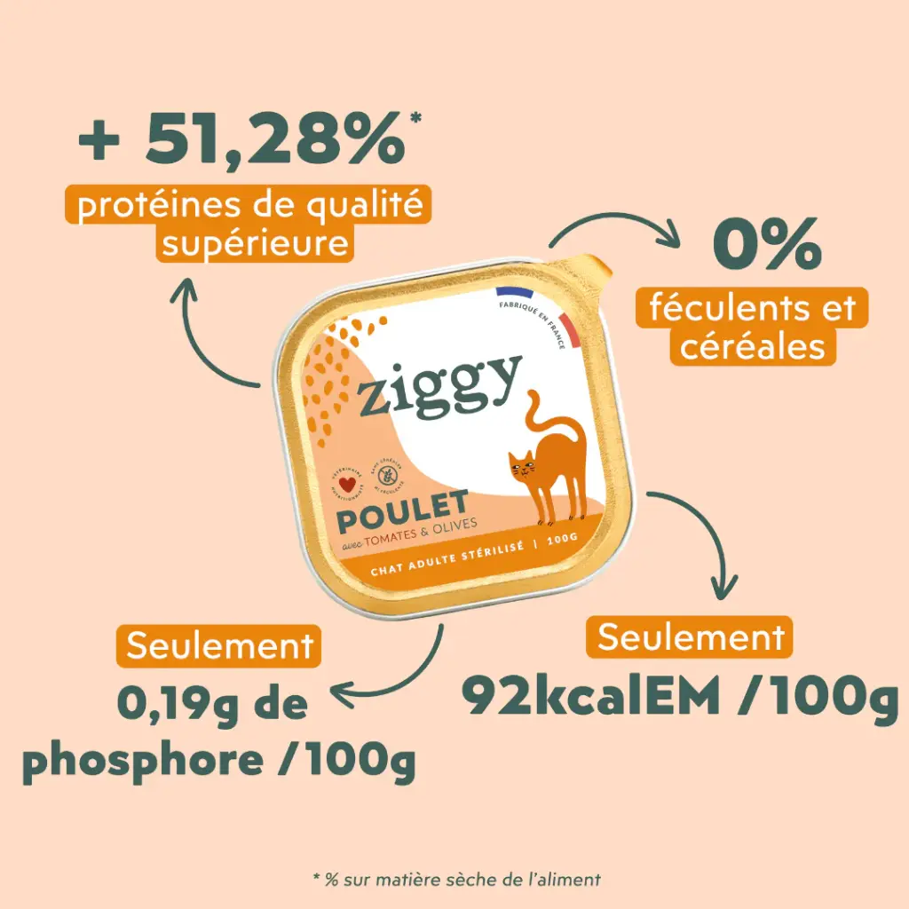 Pâtée Complète Chat Adulte Stérilisé poulet (4 barquettes 100 g) - Ziggy