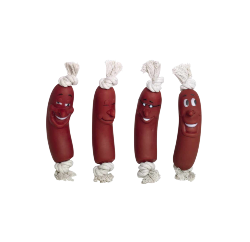 Jouet latex saucisse sur corde 72 cm