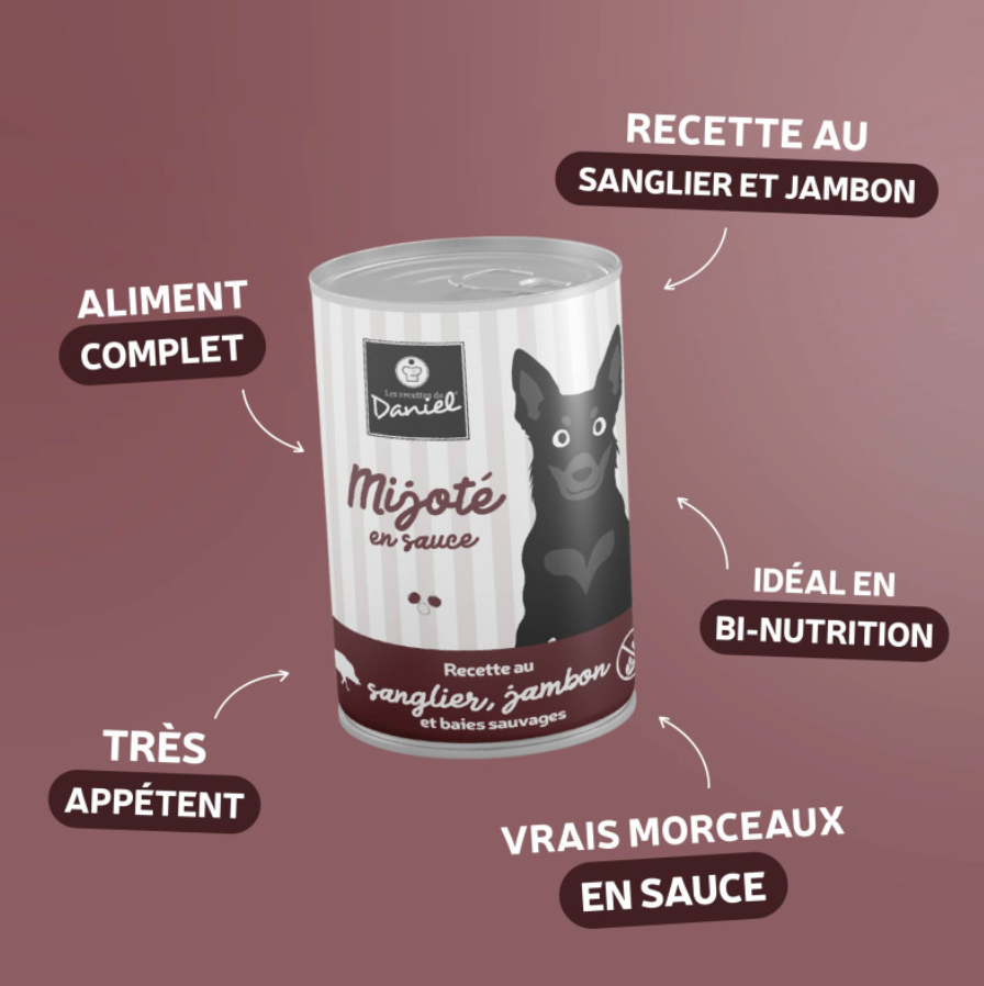 Mijoté sanglier jambon baies sauvages pour chien (400 g) - Les recettes de Daniel
