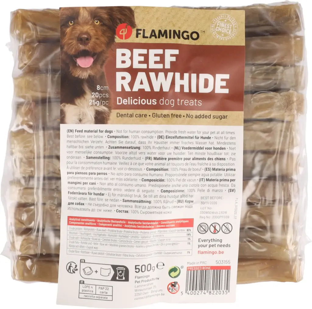 *Lot de 20 x 8 cm" Os à mâcher 100% peau de Buffle (500 g) - Flamingo