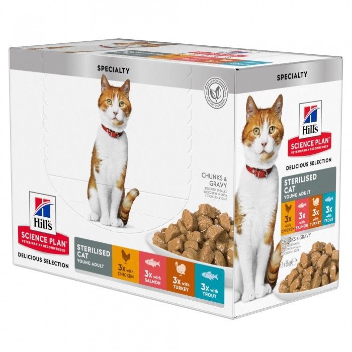 [10171] Feline Sterilised Cat Multipack Poulet Dinde Saumon Truite (12 sachets 85 g) - Hill's Science Plan