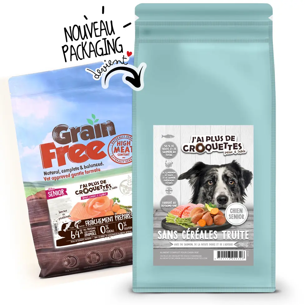 Chien Senior toutes races - Truite, Saumon et Patate douce  (6 kg) - J'ai plus de croquettes