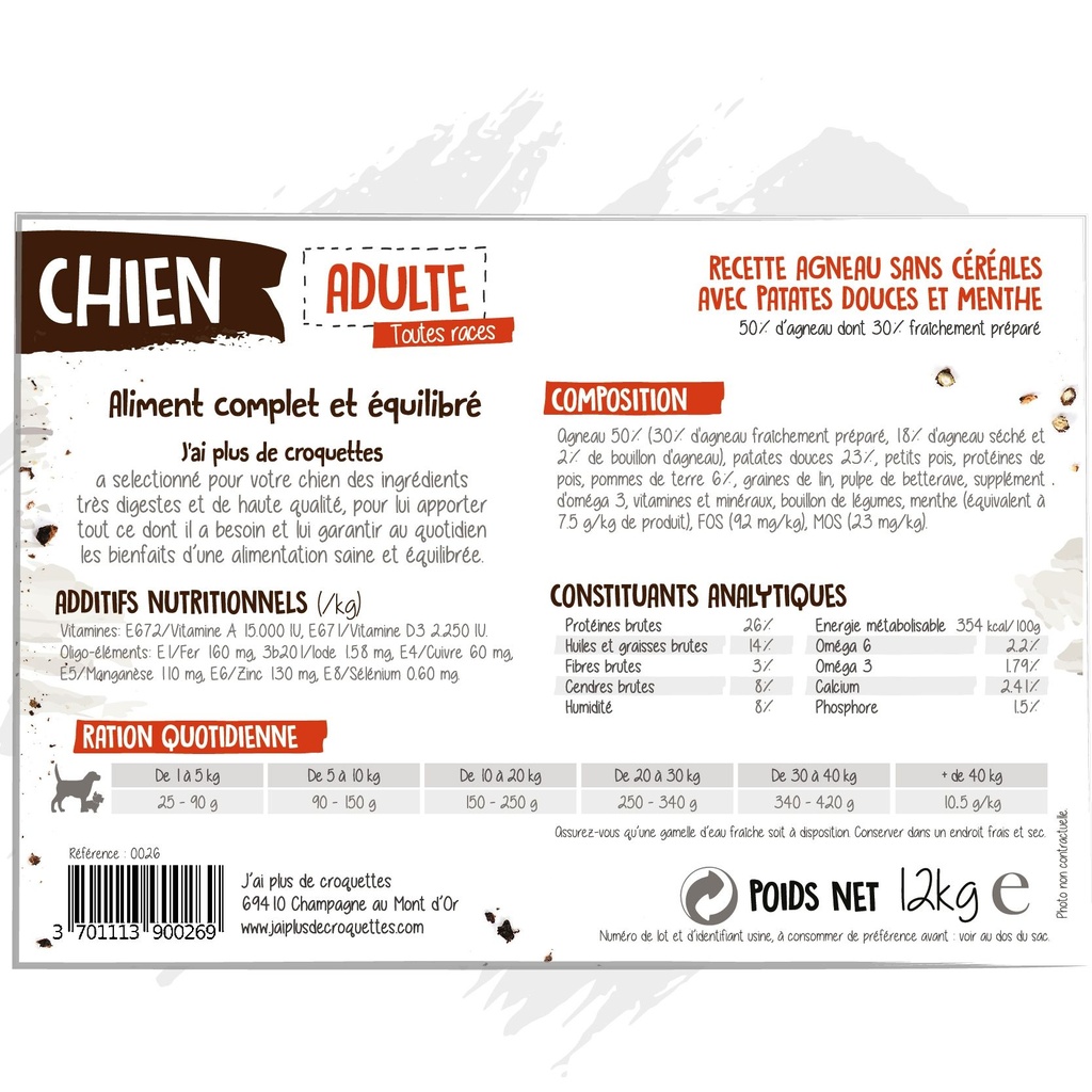 Chien adulte recette "Agneau sans céréales" (2 kg) - J'ai plus de croquettes