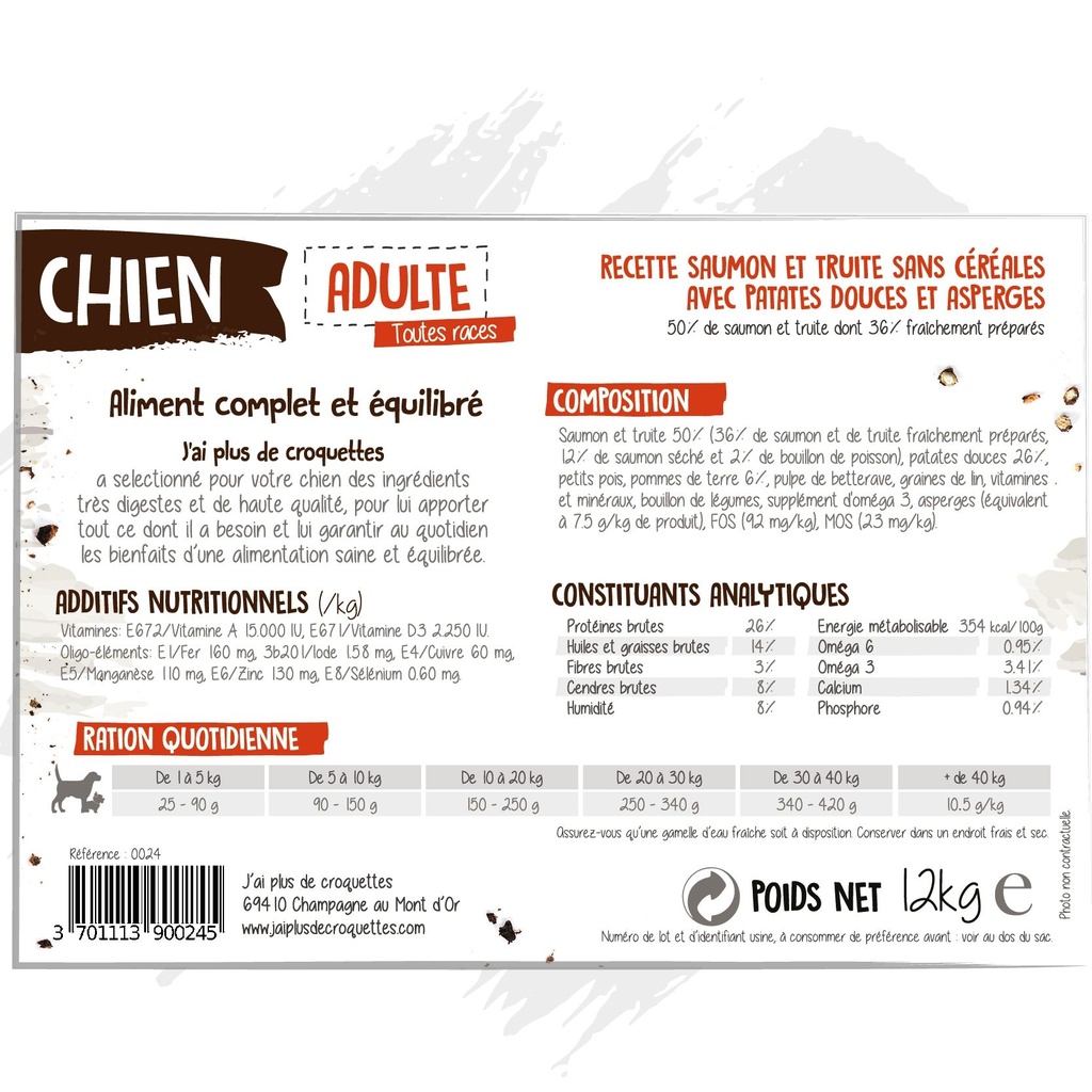 Chien Adulte recette "Truite et saumon sans céréales" (2 kg) - J'ai plus de croquettes