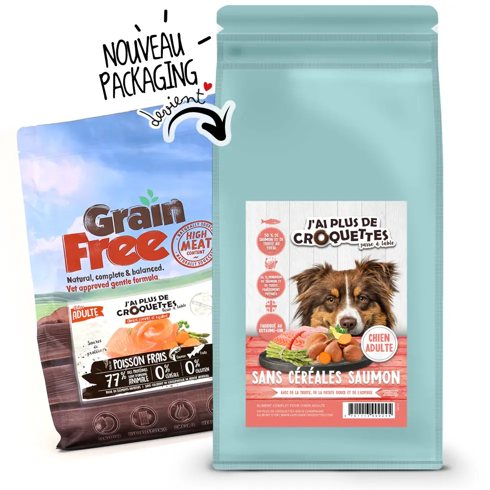 [10802-001] Chien Adulte sans céréales - Truite et Saumon (6 kg) - J'ai plus de croquettes