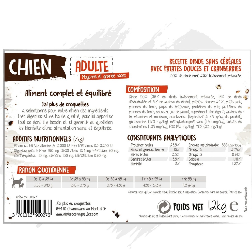 Chien adulte moyenne et grande race - "Dinde sans céréales" (12 kg)