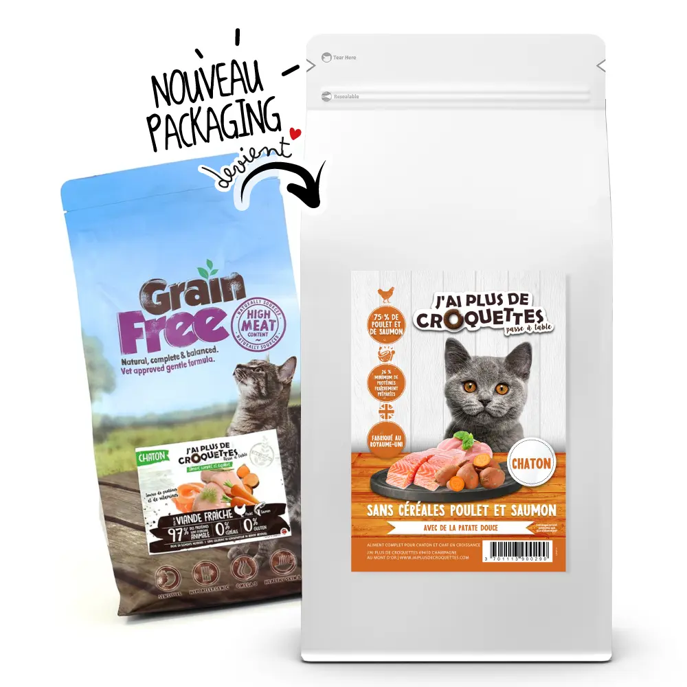 Chaton toutes races sans céréales - Poulet et Saumon (7.5 kg) - J'ai plus de croquettes