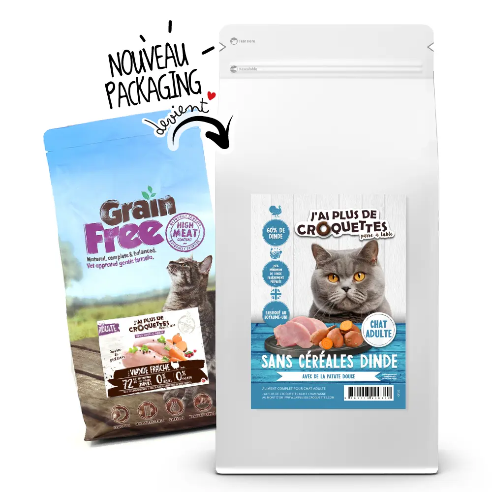 Chat adulte toutes races sans céréales - Dinde (2 kg) - J'ai plus de croquettes