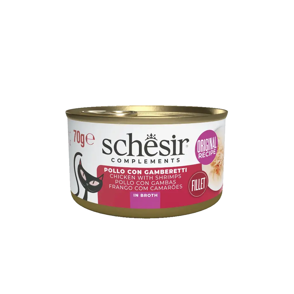 Boîte de pâtée pour chat "Bouillon de cuisson" - Poulet et Crevettes (70 g) - Schesir