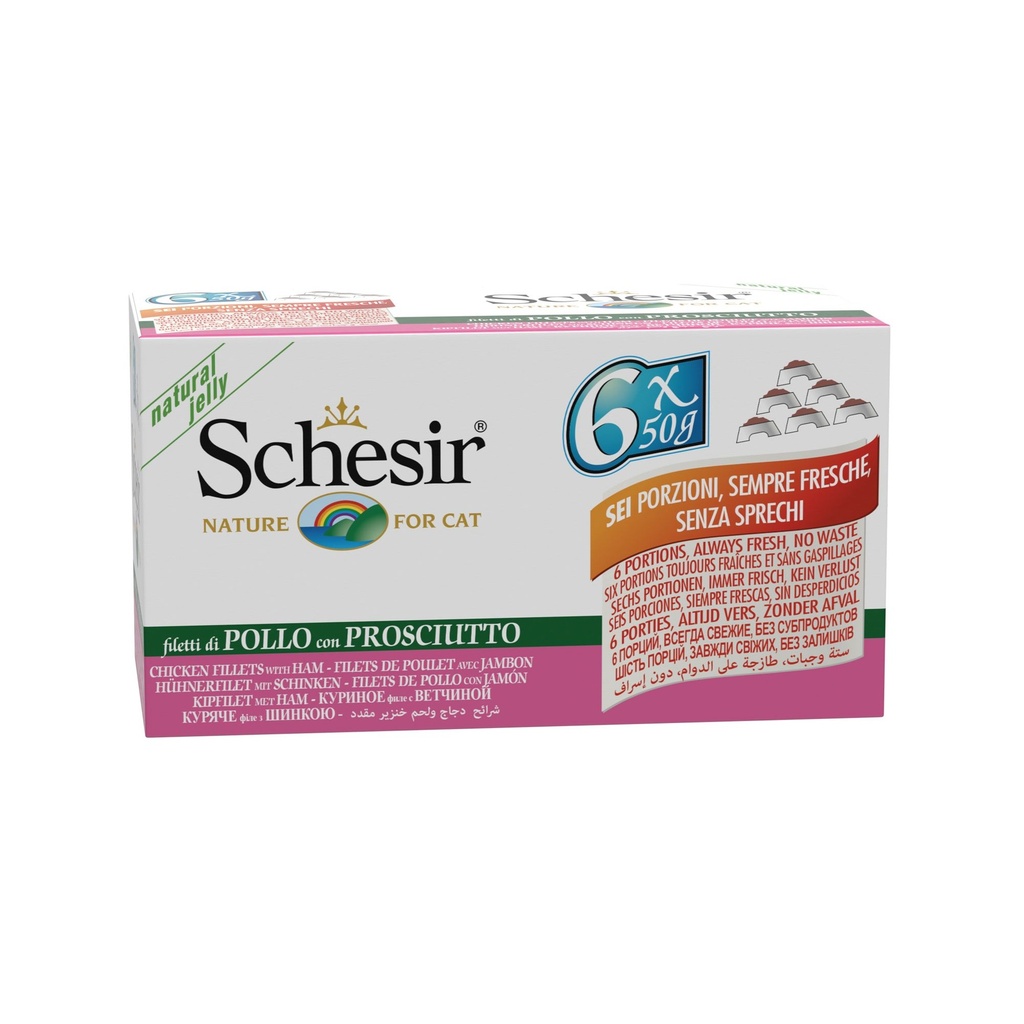 Multipack pâtée pour chat en gelée (6 x 50 g) - Filets de poulet avec jambon - Schesir
