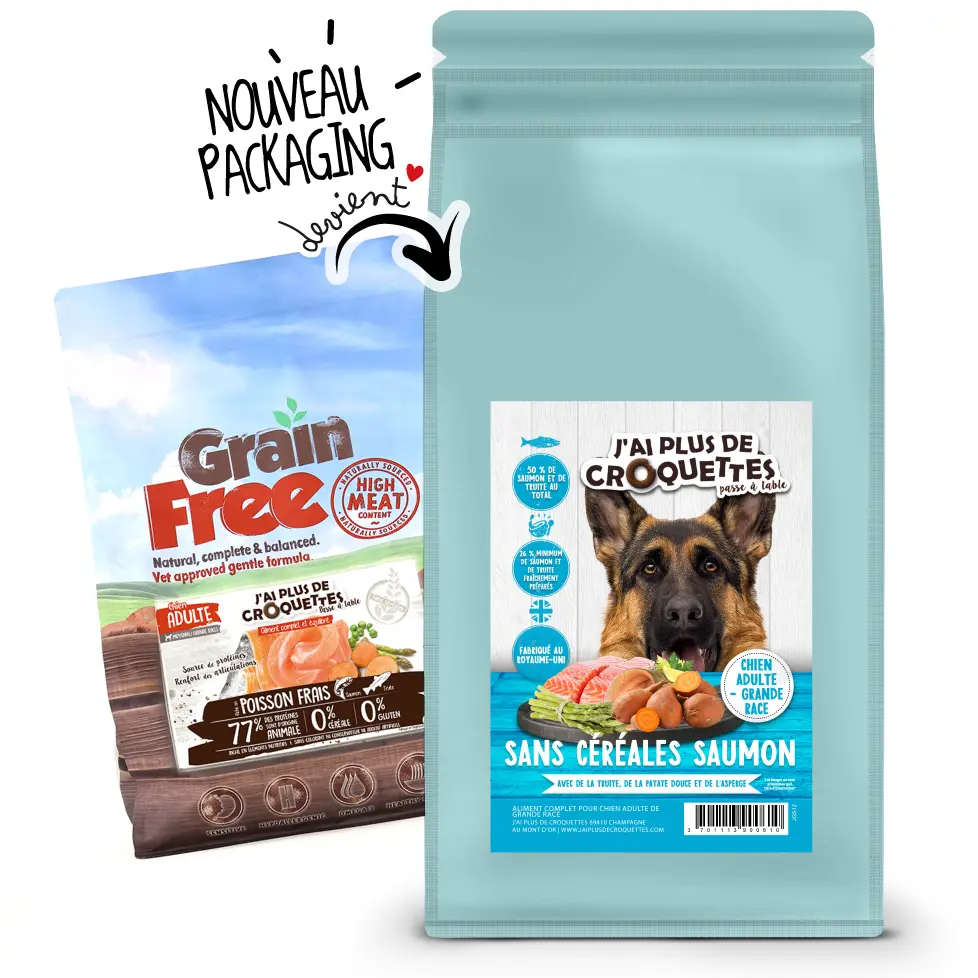 Chien Adulte Grande Race sans céréales - Saumon, Truite, Patate douce et asperges (12 kg) - J'ai plus de croquettes