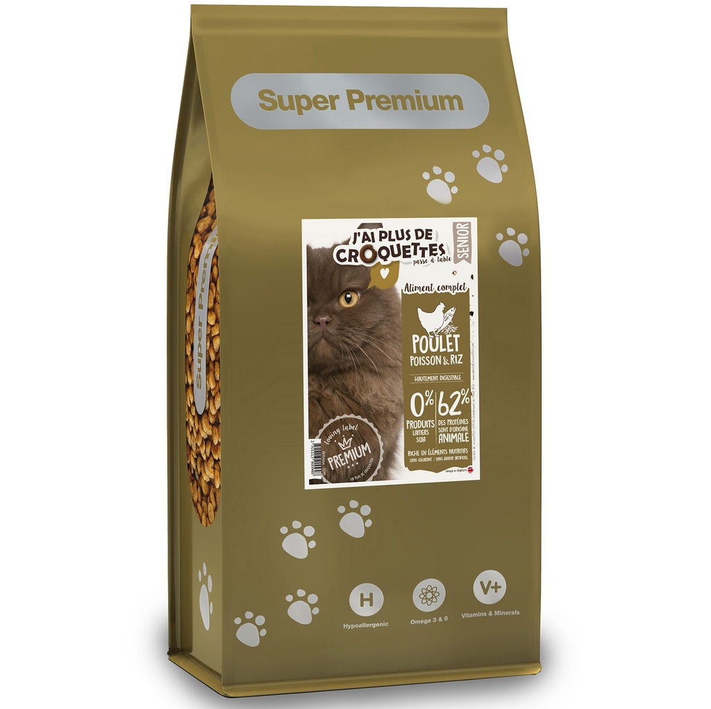 Chat senior - Recette "Poulet, poisson et riz" (2 kg) - J'ai plus de croquettes