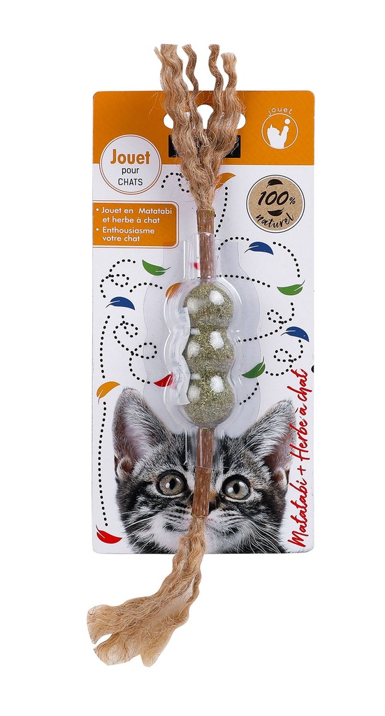Bâton 3 boules à plumes en matabi et herbe à chat - Wouapy