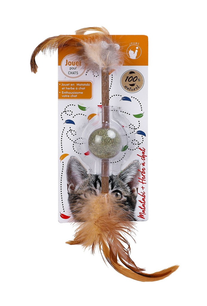 [14474] Boule à plumes en matabi et herbe à chat - Wouapy