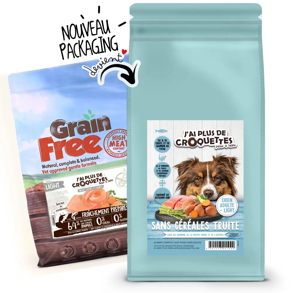 Chien Light toutes races - Truite, Saumon et Patate douce (12 kg) - J'ai plus de croquettes