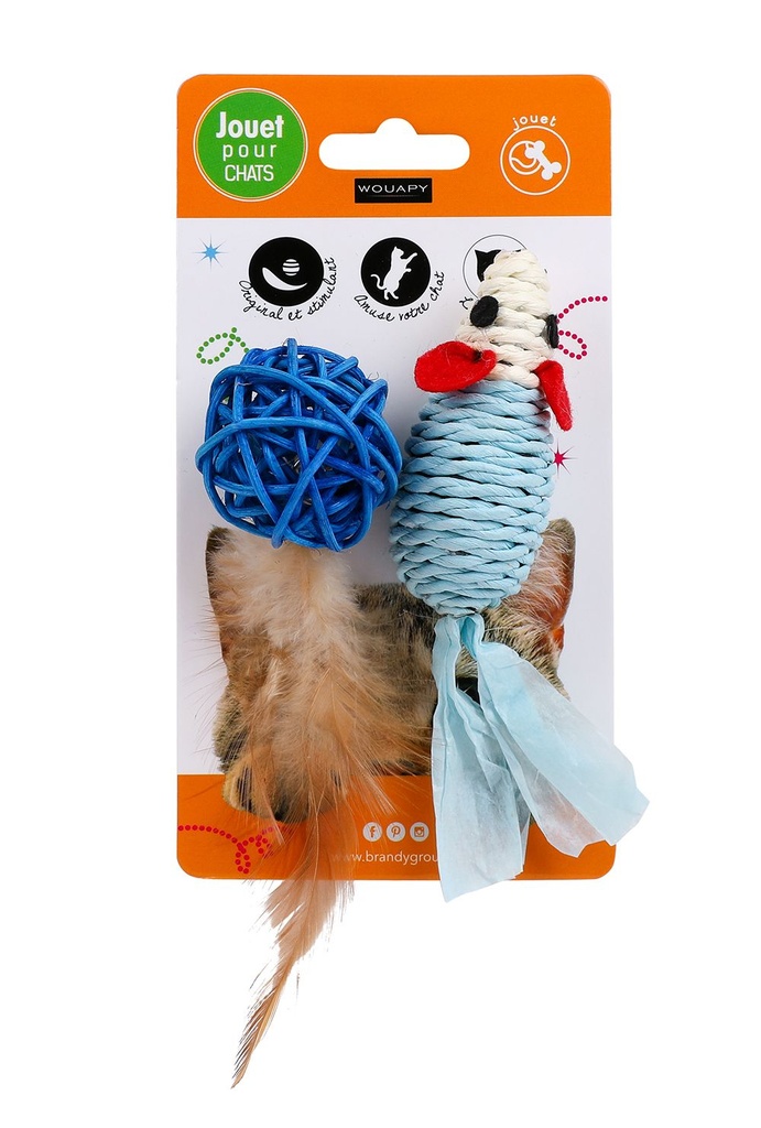 Jouet pour chat "Souris" en sisal + balle à plumes - Wouapy
