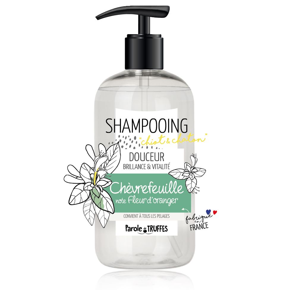 [14665] Shampooing pour chiot et chaton chèvrefeuille et note de Fleur d'oranger (300 ml) - Parole de Truffes