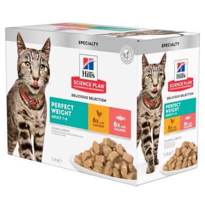 Feline Perfect Weight Multipack pour chat au poulet et saumon (12 sachets 85 g) - Hill's Science Plan