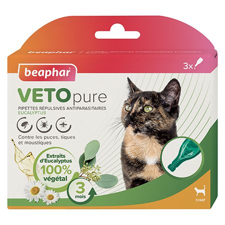 Pipettes répulsives antiparasitaires pour chat à l'Eucalyptus Vetopure (3 pipettes) - Beaphar