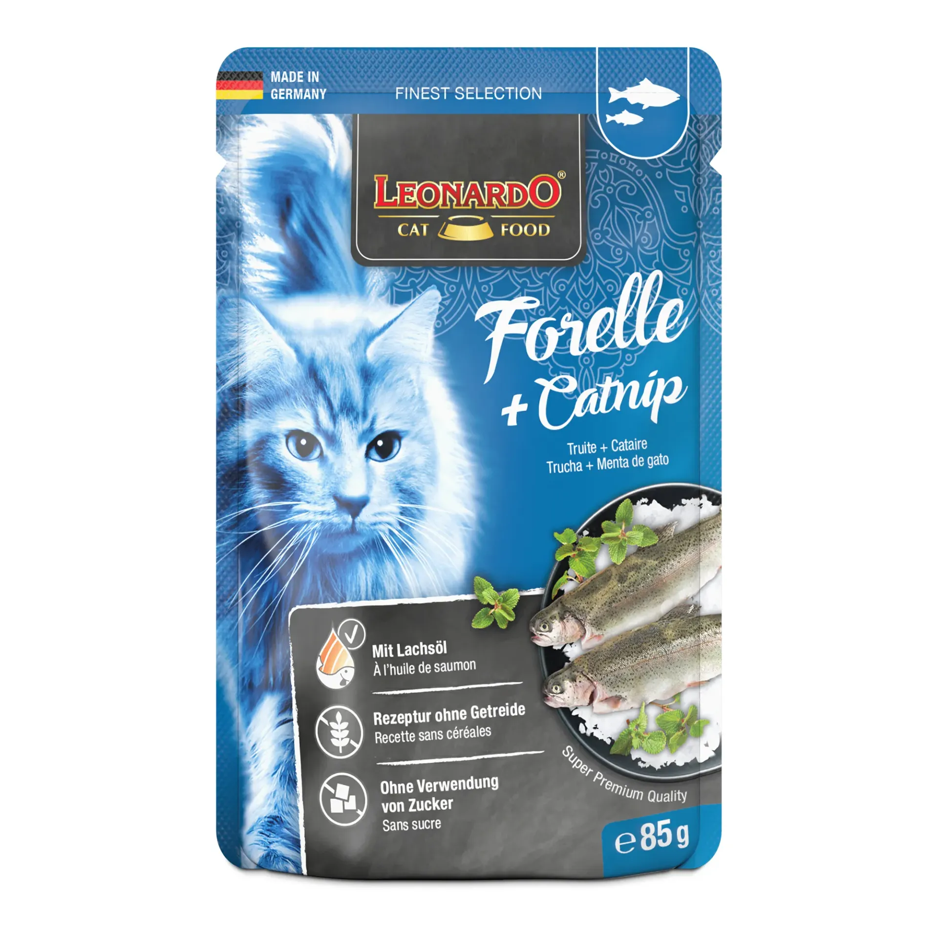 [54367-001] Sachet de nourriture pour chat - Truite et Cataire (85 g) - Léonardo