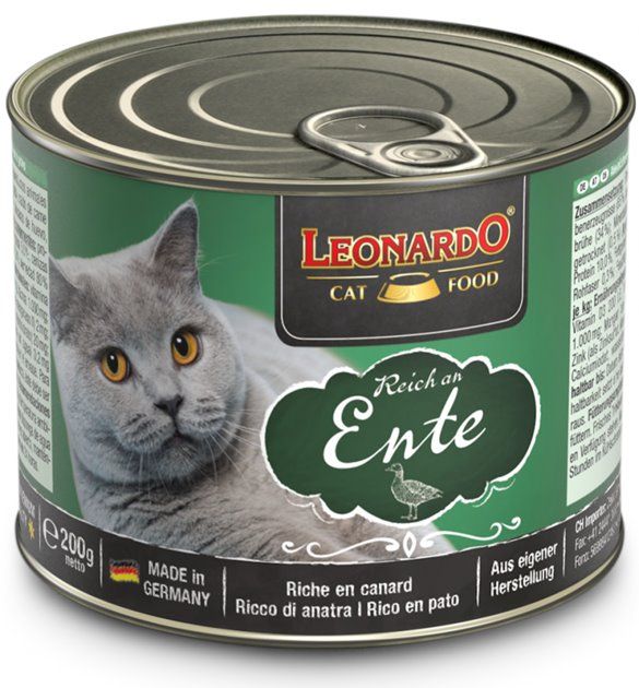 Boite de pâtée riche en canard pour chat (200 g) - Léonardo