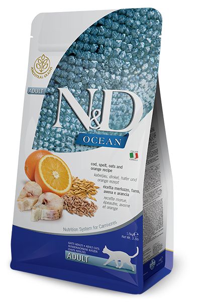 [54733-003] Océan Morue, Epeautre, Avoine & Orange Chat (1.5 kg) - Farmina