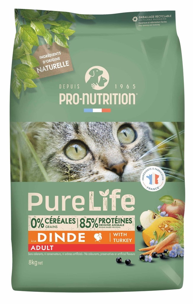 [55071-001] PURE LIFE Chat Adulte Dinde (8 kg) - Pro-Nutrition Flatazor