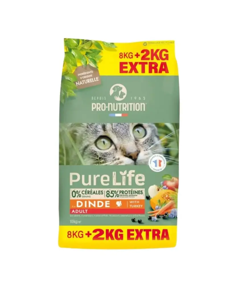 PURE LIFE Chat Adulte Dinde (8 kg + 2 kg offerts) - Pro-Nutrition Flatazor