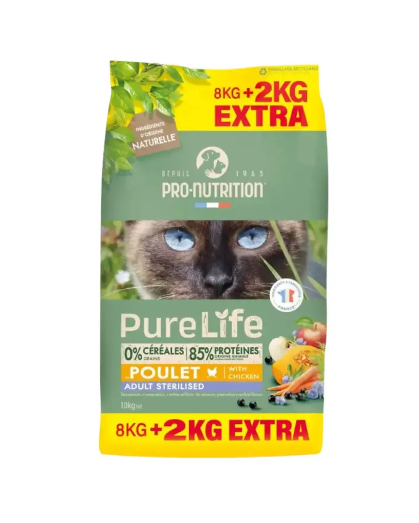 [55073-004] PURE LIFE Chat Sterilisé Poulet (8 kg + 2 kg offerts) - Pro-Nutrition Flatazor