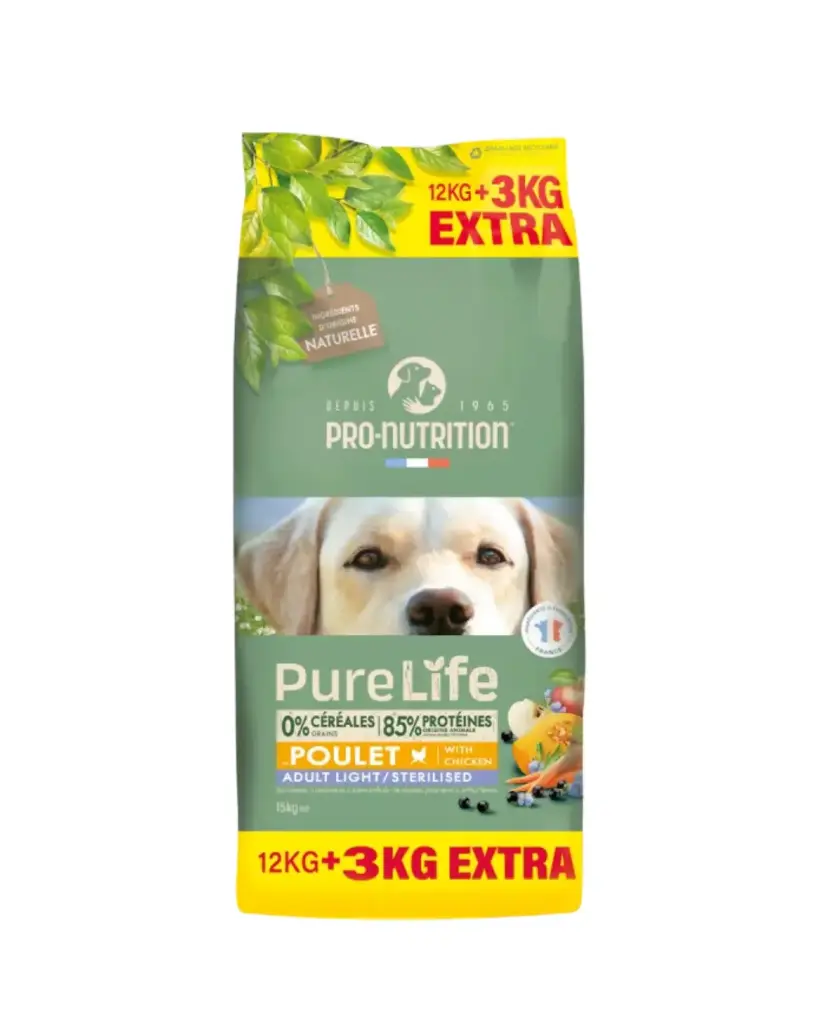 PURE LIFE Chien Adult Light/Stérilisé (12 kg dont 3 offerts) - Pro-Nutrition Flatazor