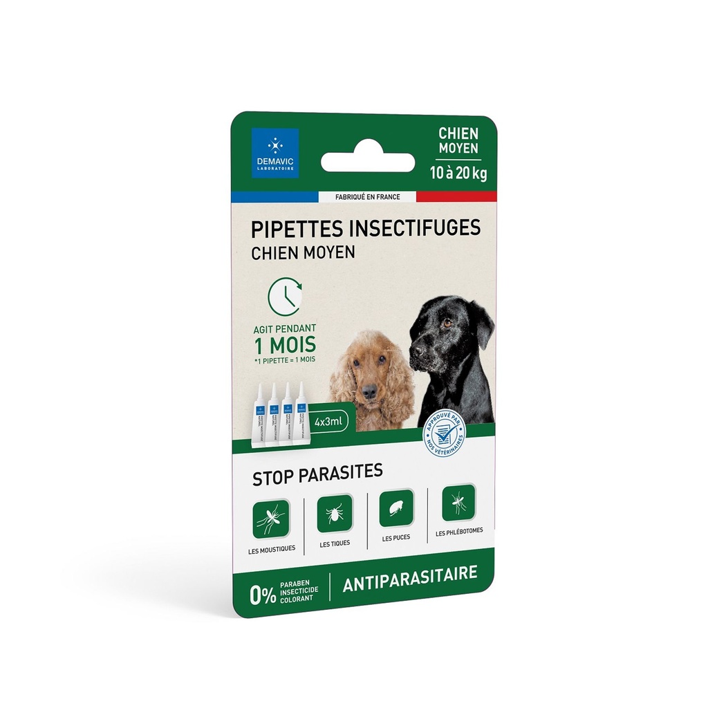 Pipettes insectifuges chien moyen (4 pipettes) - Demavic