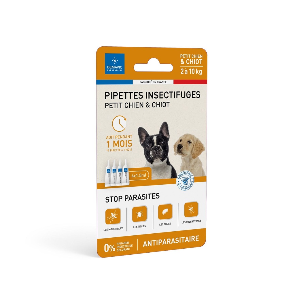 Pipettes insectifuges chiot/petit chien (4 pipettes) - Demavic