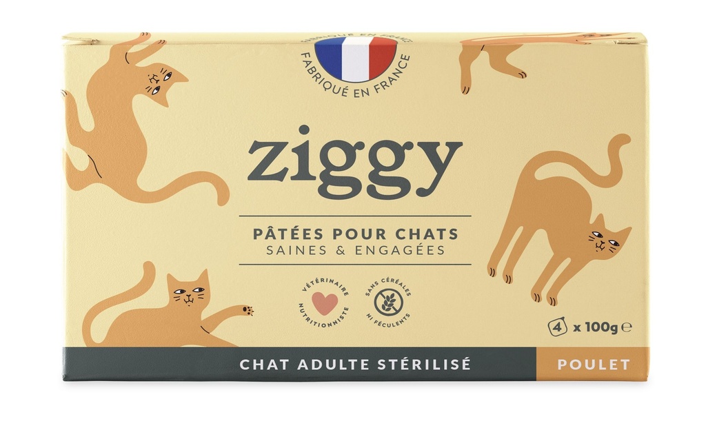 Pâtée Complète Chat Adulte Stérilisé - Poulet (4 barquettes 100 g) - Ziggy