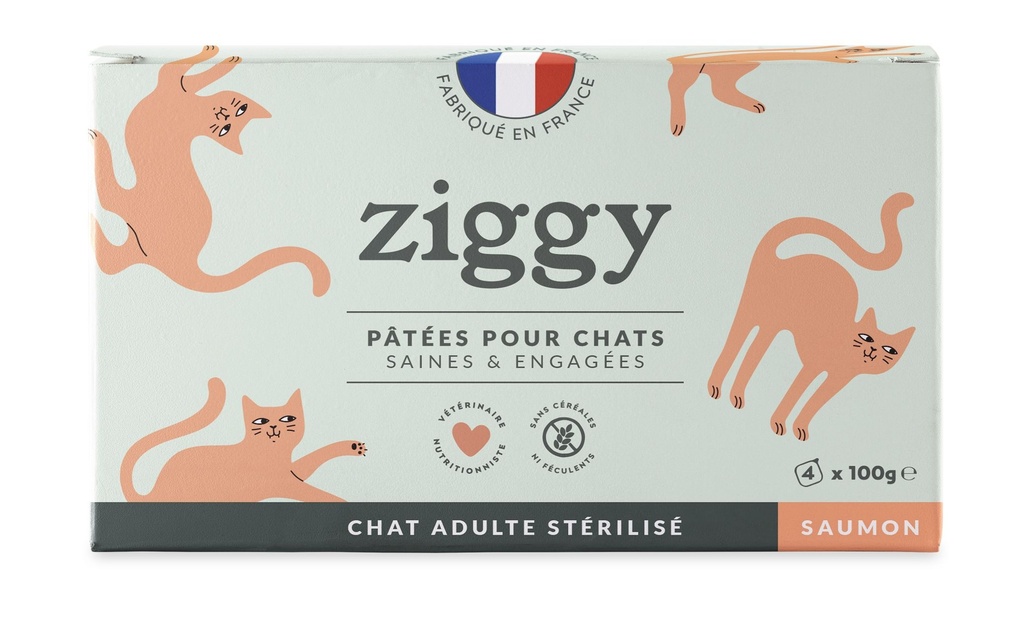 [55526] Pâtée Complète Chat Adulte Stérilisé - Saumon (4 barquettes 100 g) - Ziggy