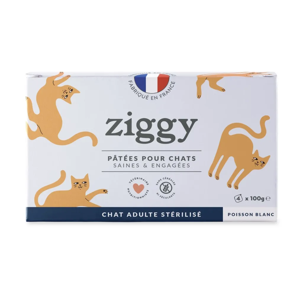 Pâtée Complète Chat Adulte Stérilisé - Poisson Blanc (4 barquettes 100 g) - Ziggy