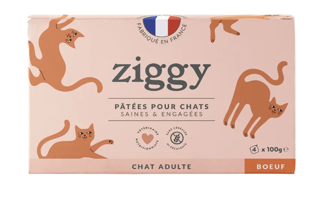 Pâtée Complète Chat Adulte - Boeuf (4 barquettes 100 g) - Ziggy