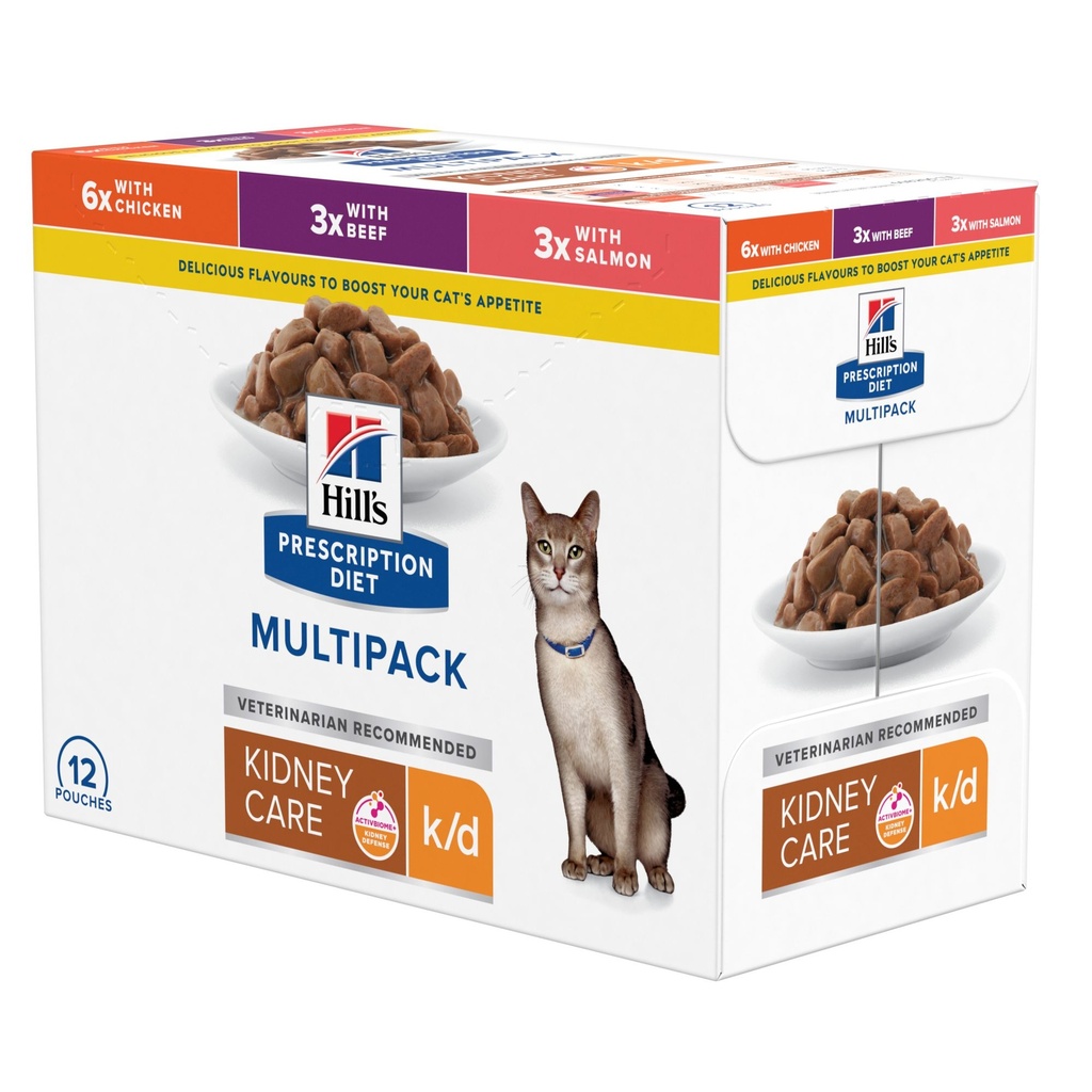 [55537] Feline k/d multipacks : 6x poulet/3x boeuf/3x saumon (12 sachets 85 g) - Hill's Prescription Diet