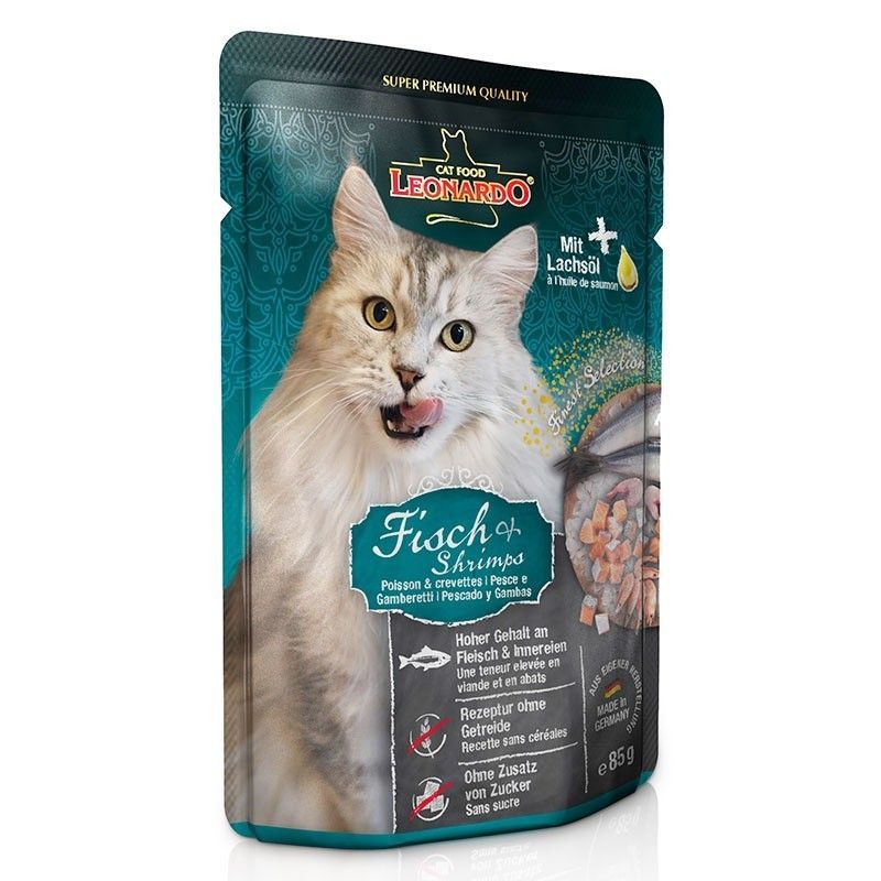 Sachet de poissons et de crevettes pour chat (85 g) - Leonardo