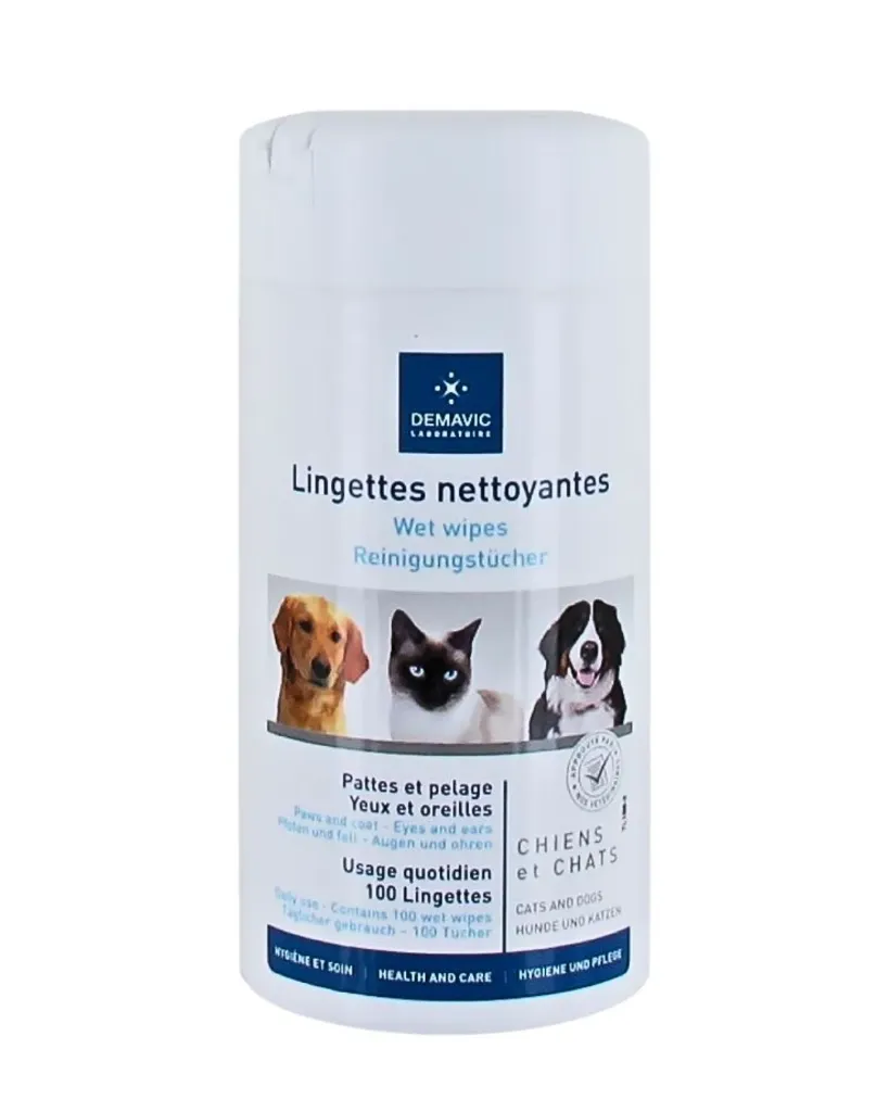 Lingettes nettoyantes pattes, pelage, yeux et oreilles (100 lingettes) - Demavic