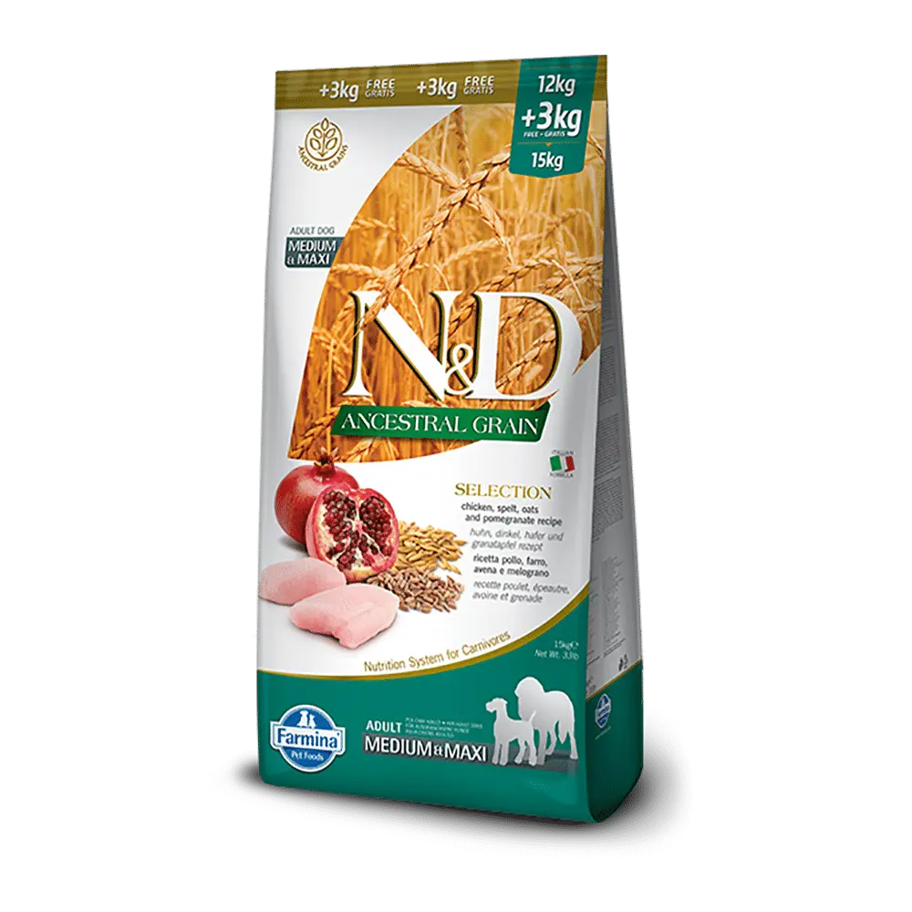 Poulet & Grenade Ancestral Grain chien adulte medium & maxi (12 kg + 3 offerts) - Farmina 