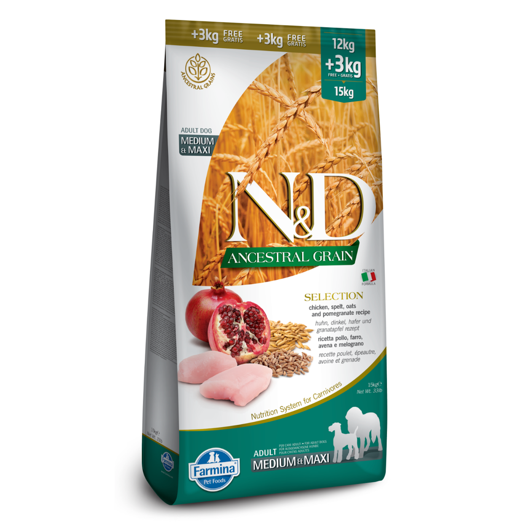 [J25030069] Poulet & Grenade Ancestral Grain chien adulte medium & maxi (12 kg + 3 offerts) - Farmina 