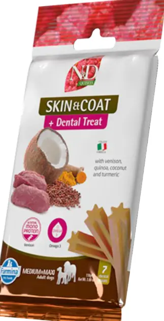 [J25040046] Dental Treat Vet Quinoa Skin&Coat Cerf Chien adulte Medium/Maxi (110 g) - Farmina