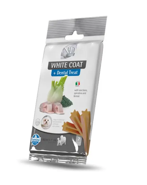 [J25040051] Dental Treat Vet Life White Coat Spiruline de riz, fenouille et bar Chien adulte Medium/Maxi (110 g) - Farmina