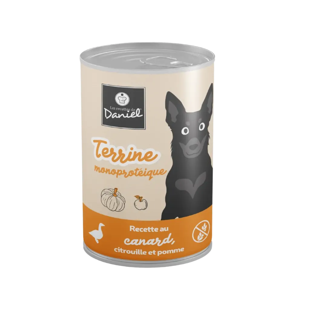 Terrine monoprotéine canard citrouille pomme pour chien (400 g) - Les recettes de Daniel