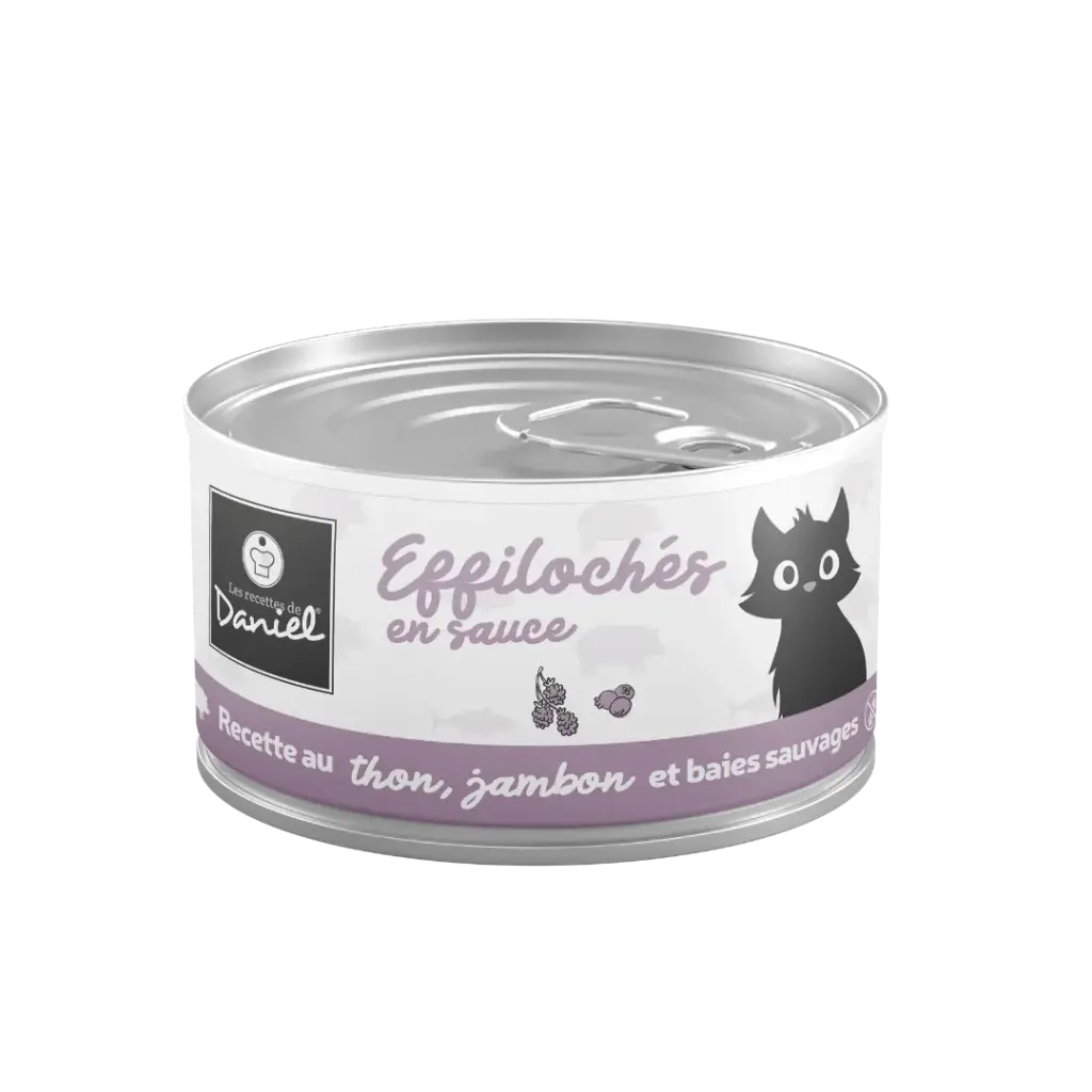 Effiloché thon jambon baies sauvages pour chat (85 g) - Les recettes de Daniel