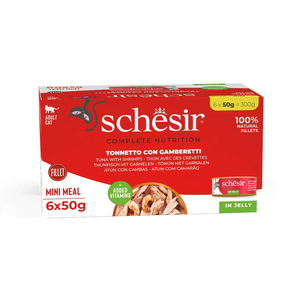[J25040097] Multipack pâtée pour chat "en gelée" - Thon avec crevettes (6 boîtes 50 g) - Schesir
