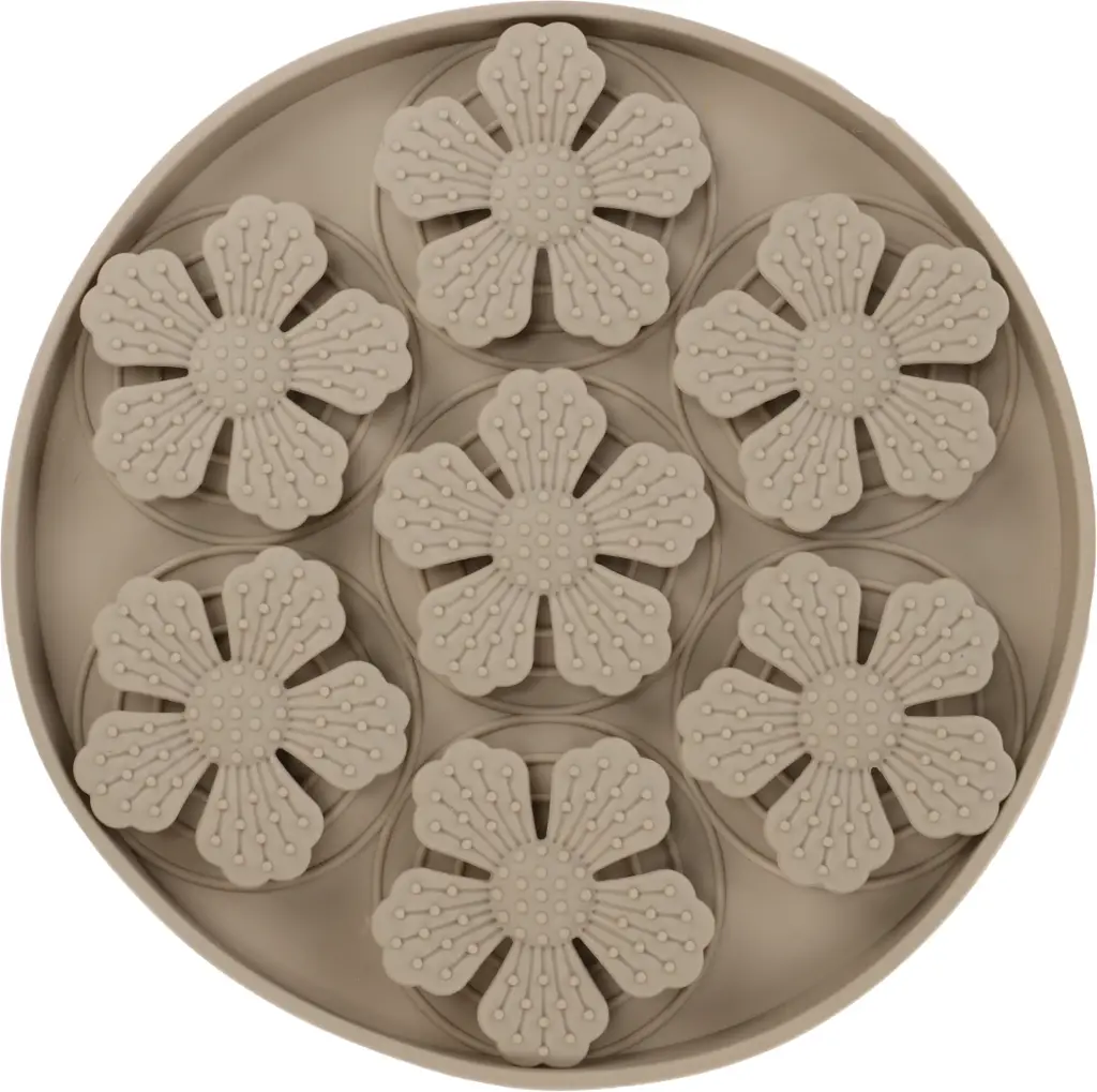 Tapis à lécher fleur rond taupe - Flamingo